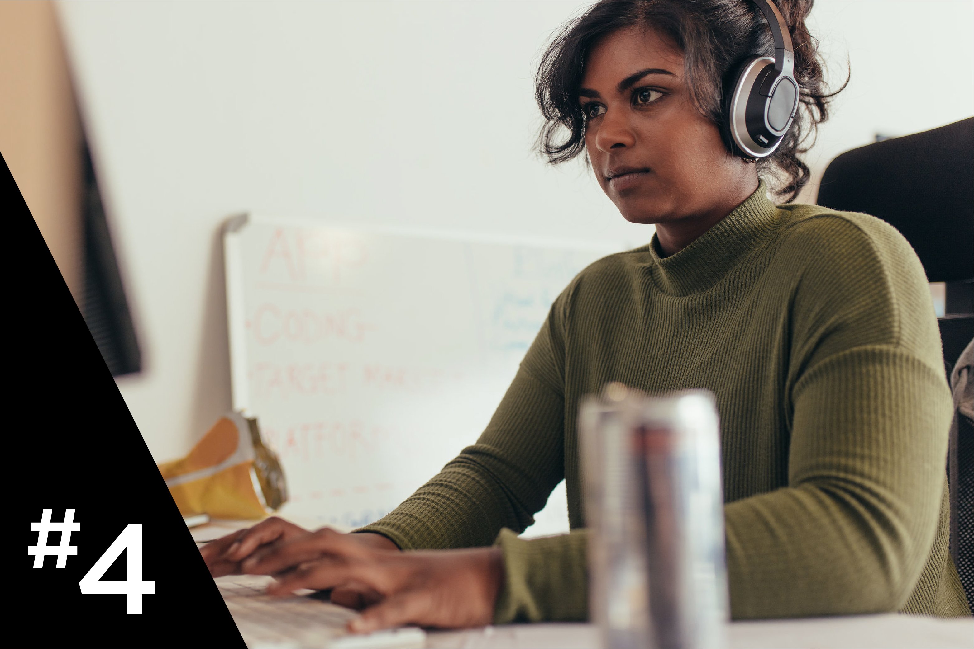 Woman with headphones working from home office